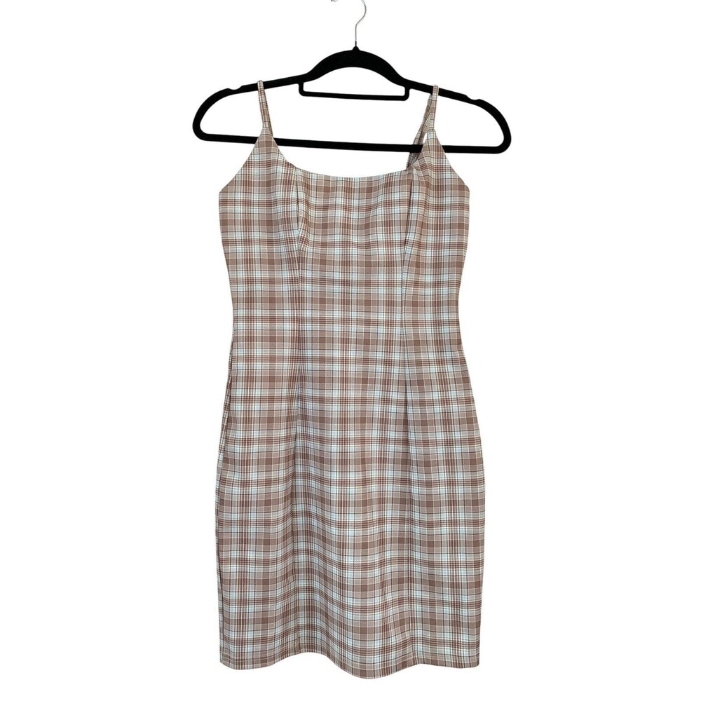 Papaya Tank Sheath Plaid Print Mini Dress Beige/Blue - Size Small